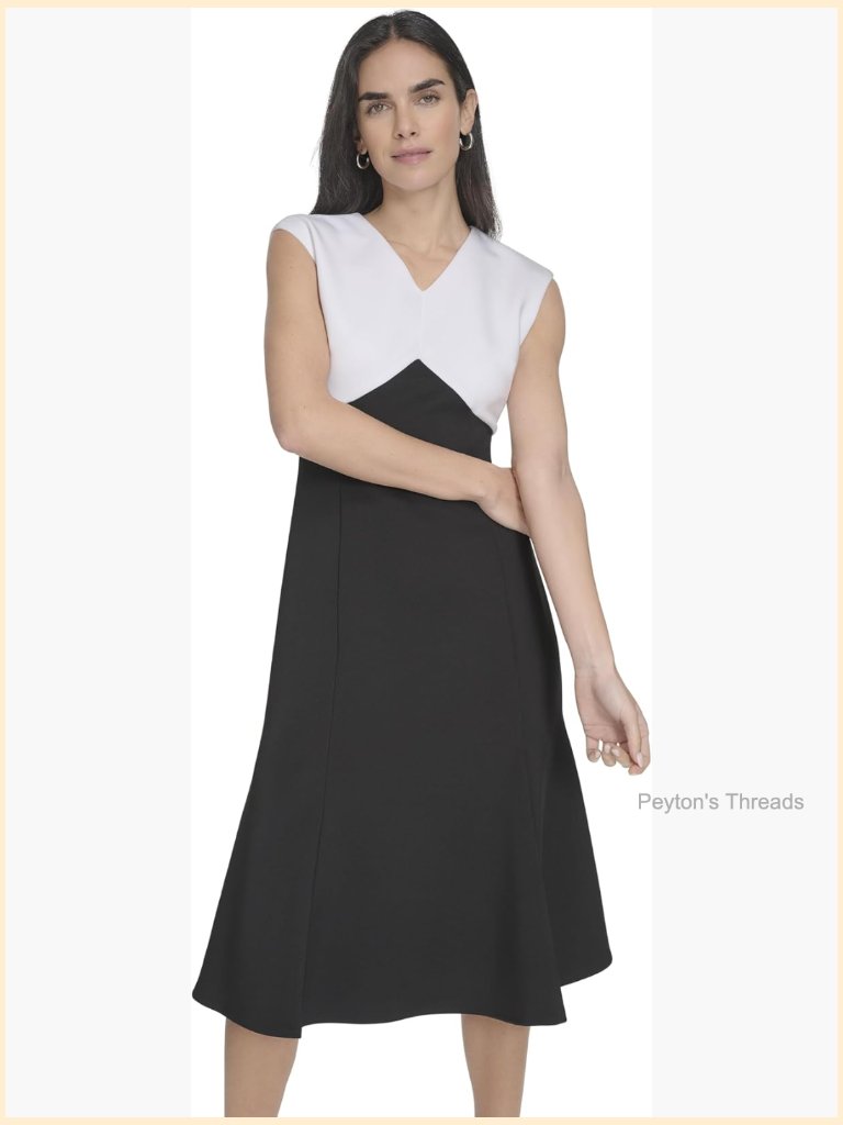 Sleeveless V-Neck Two Tone Midi Shift Dress - Scuba Color Block